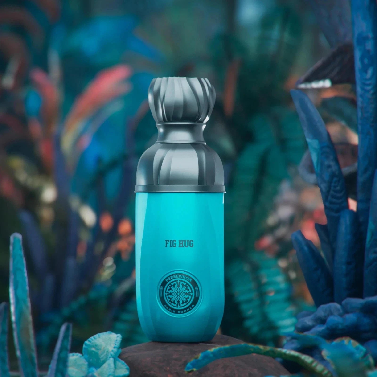 Perseviron Paris Corner Fig Hug Blue water bottle with a textured cap on a colorful underwater background