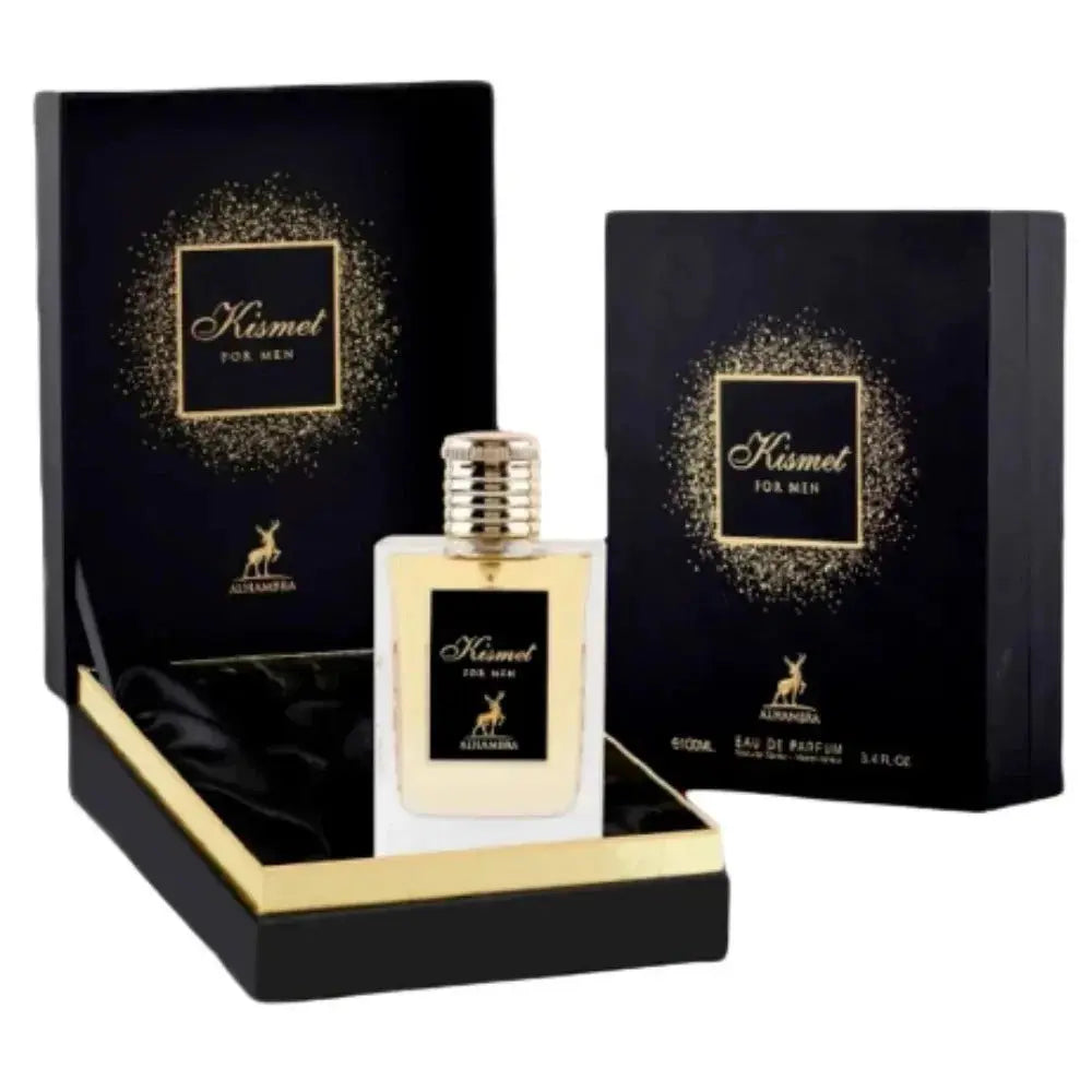 Kismet for Men Eau de Parfum with black and gold packaging on a white background