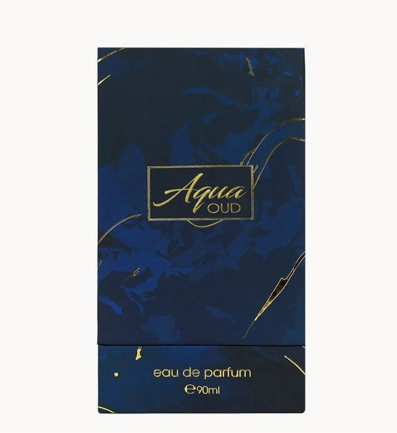 Blue and gold packaging of Aqua Oud eau de parfum on a white background