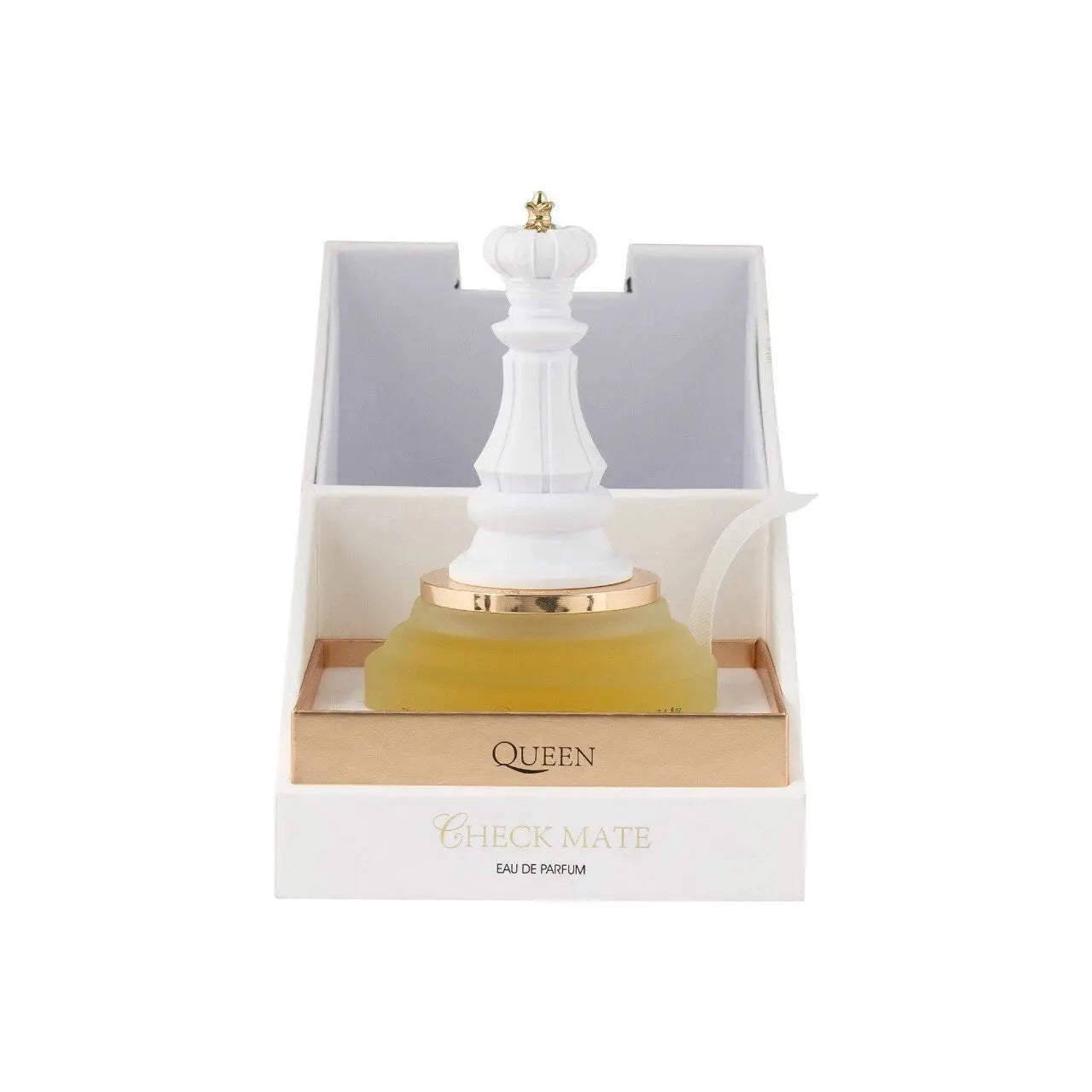 Perfume bottle shaped like a chess queen in packaging with 'Queen' branding.