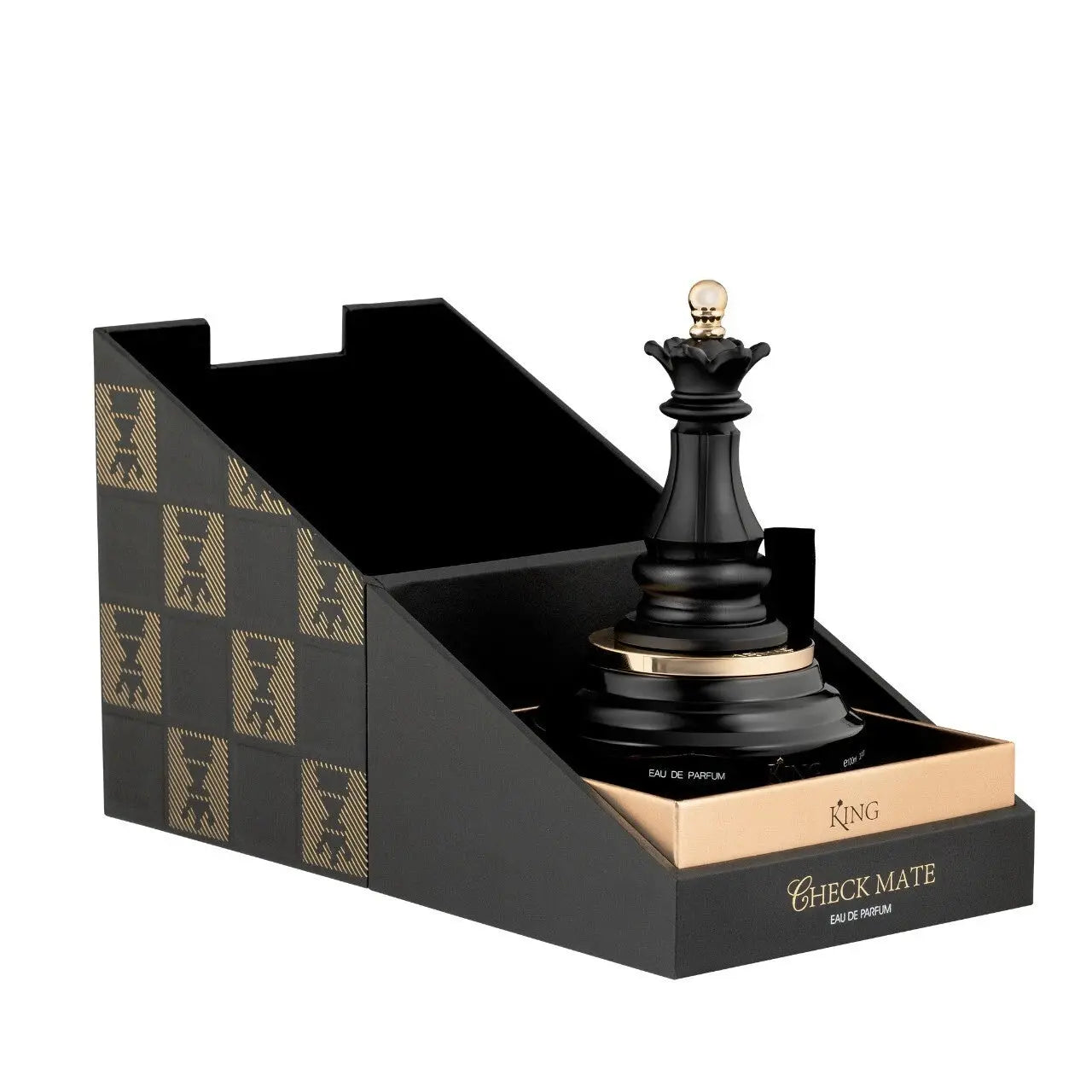 Black and gold chess piece in a decorative box with 'Check Mate' branding.