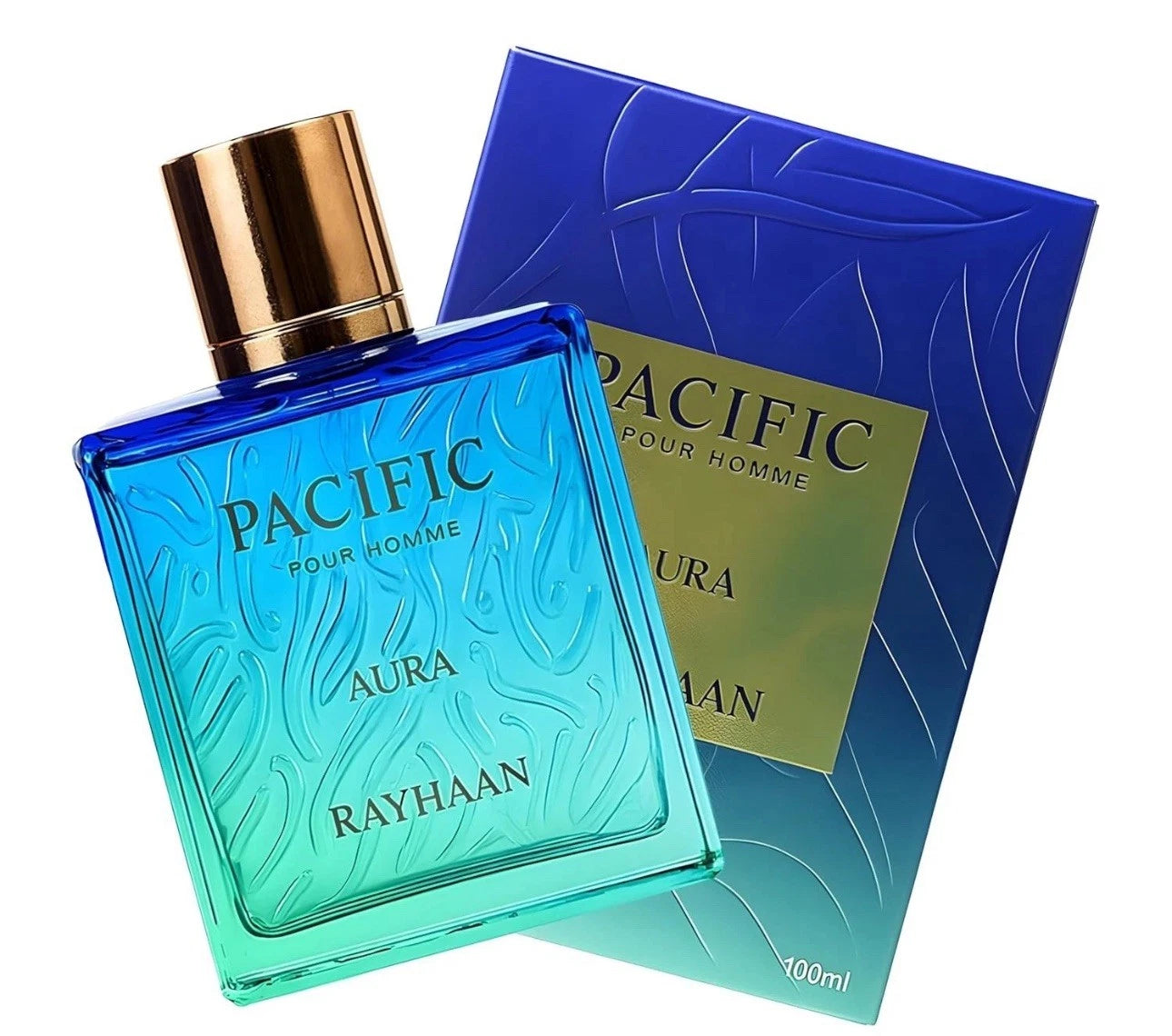 Rayhaan Pacific Aura Blue perfume bottle with gold cap and matching box on a white background