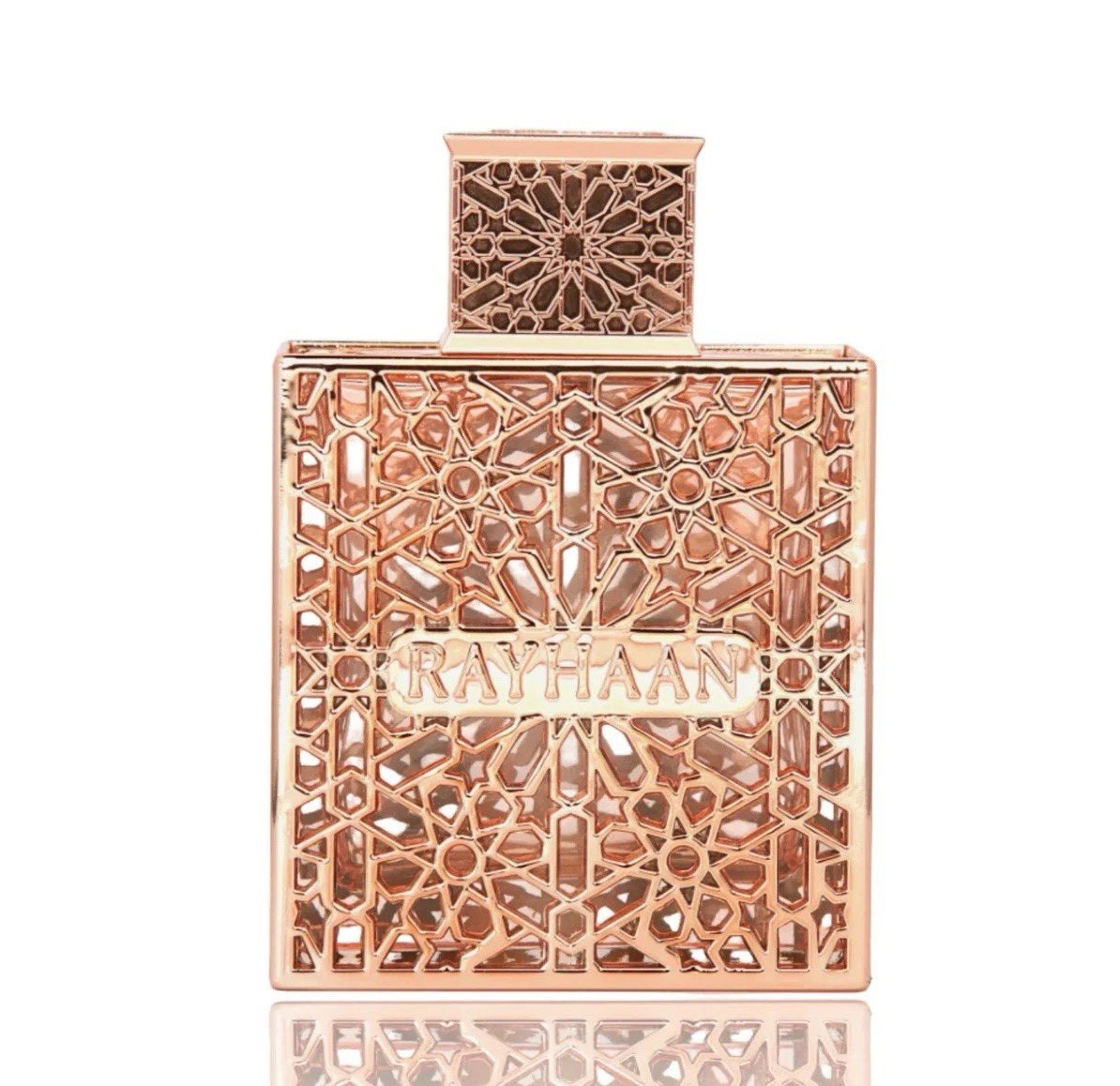 Rayhaan Divine Rose gold perfume bottle with intricate design on a white background