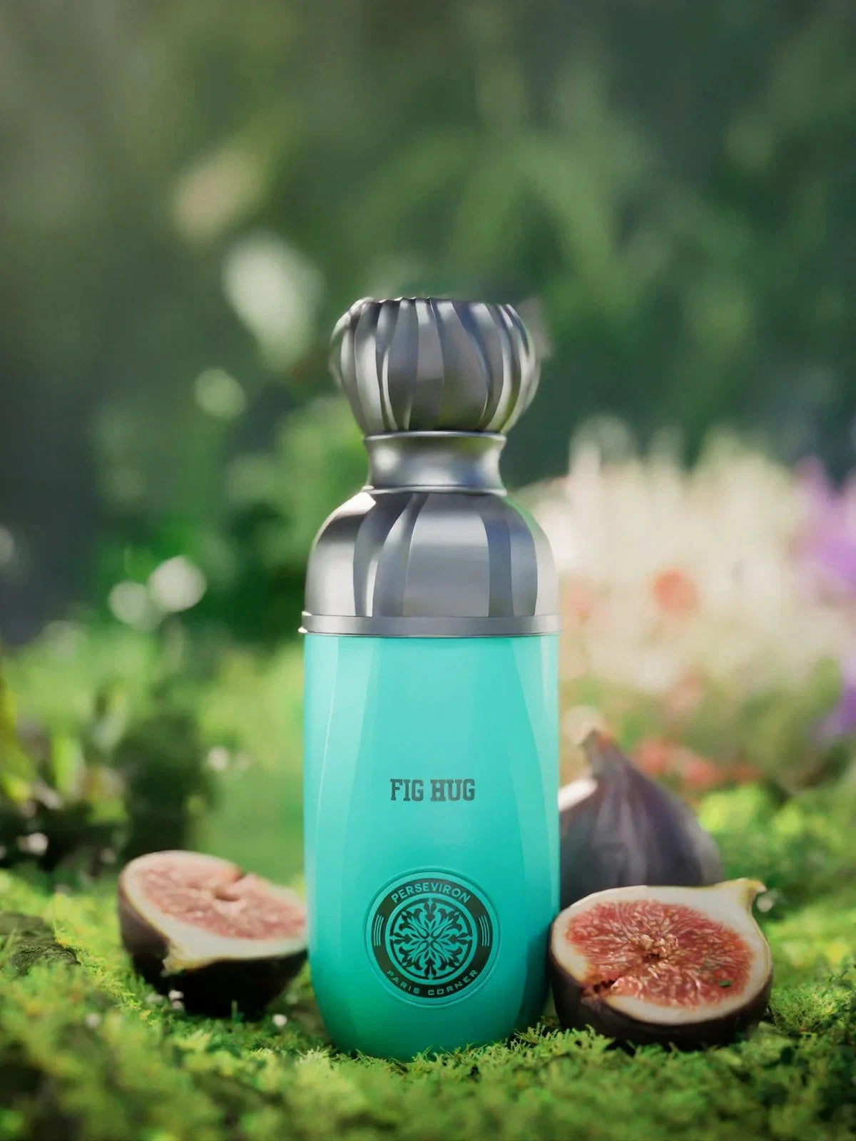 Perseviron Paris Corner Fig Hug Turquoise water bottle with silver cap on grass with figs