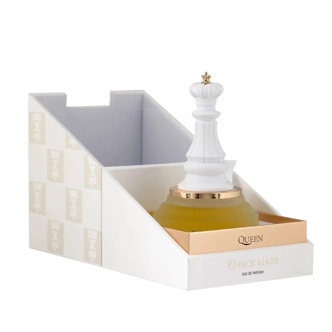 Perfume bottle shaped like a chess queen in a decorative box on a white background