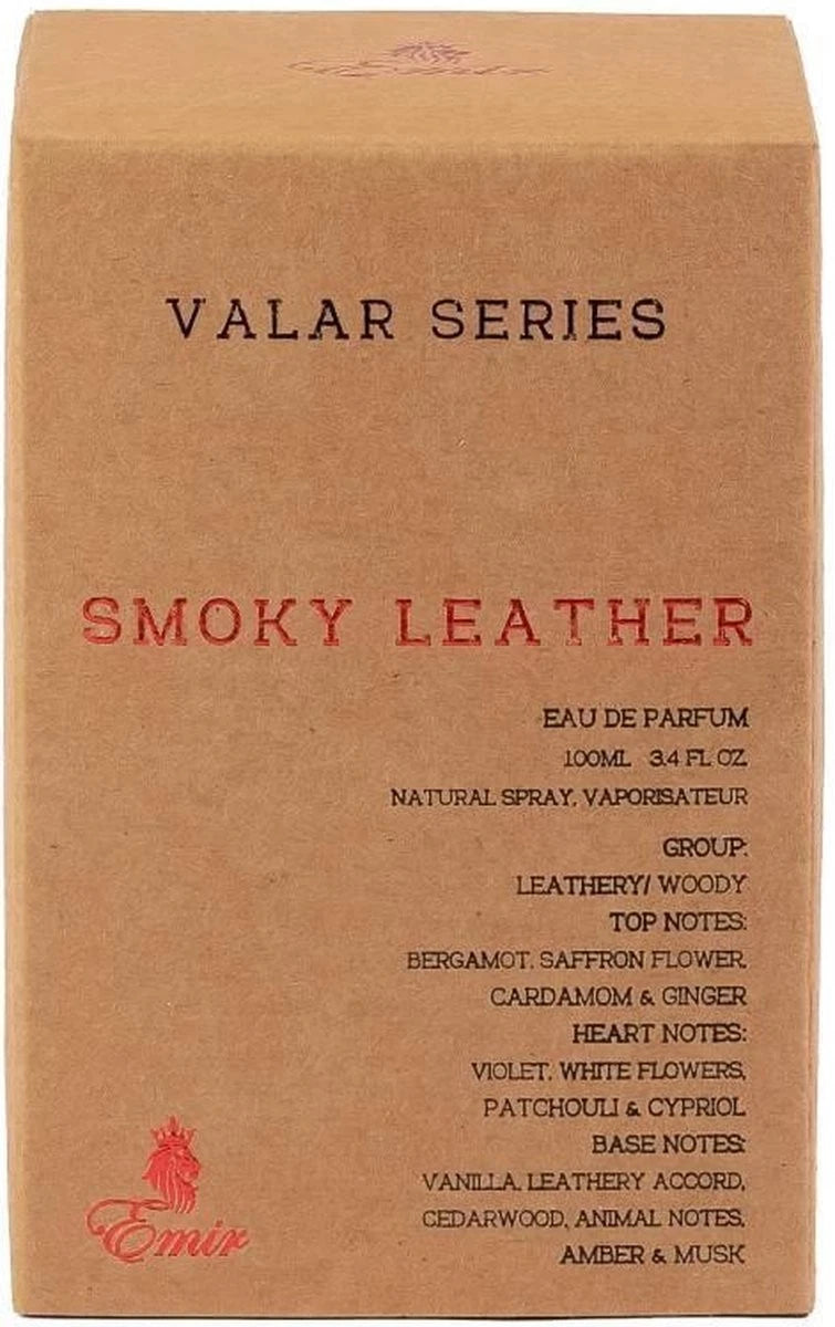 Valar Series Smoky Leather perfume packaging with brown background and red text.