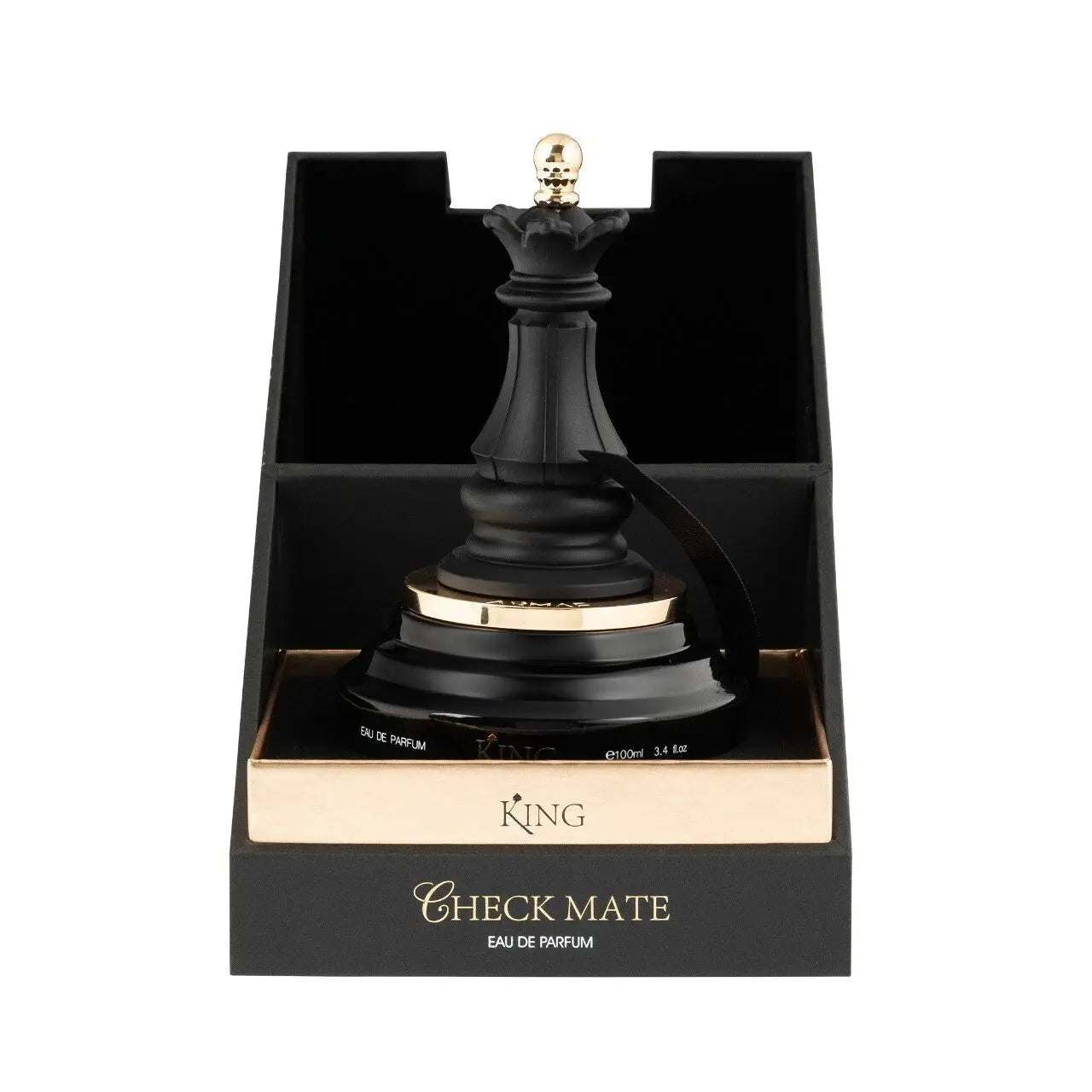 Black chess piece bottle labeled 'King' with 'Check Mate' text on a white background