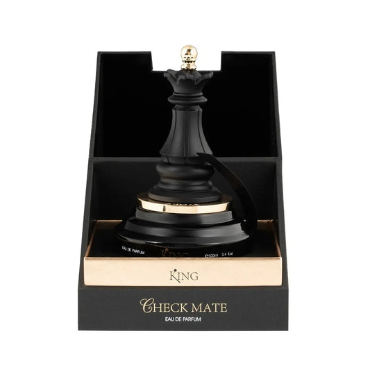 Black chess piece bottle labeled 'King' with 'Check Mate' text on a white background