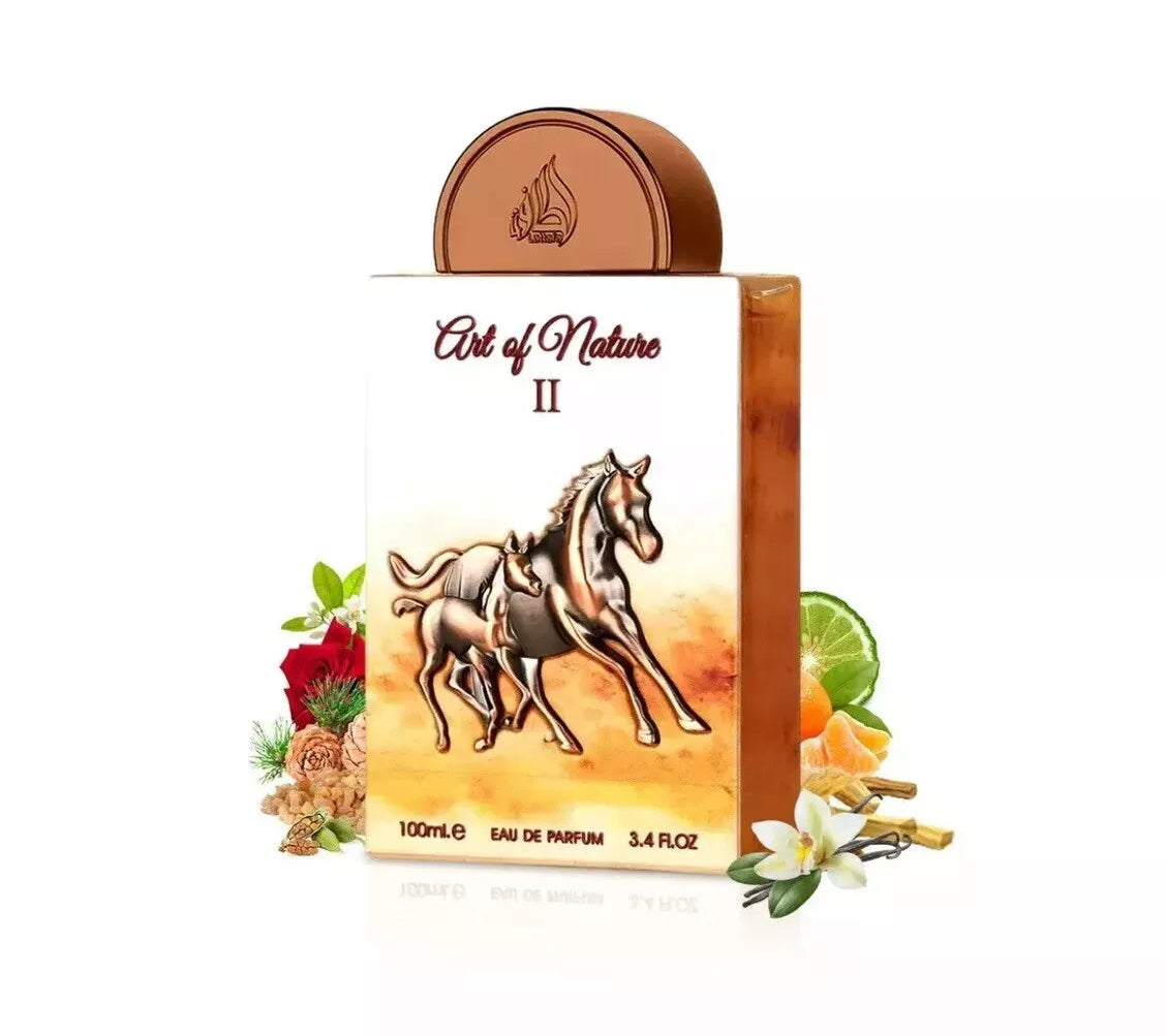 Lattafa Art of Nature 2 Perfume bottle with horse design and floral elements on a white background