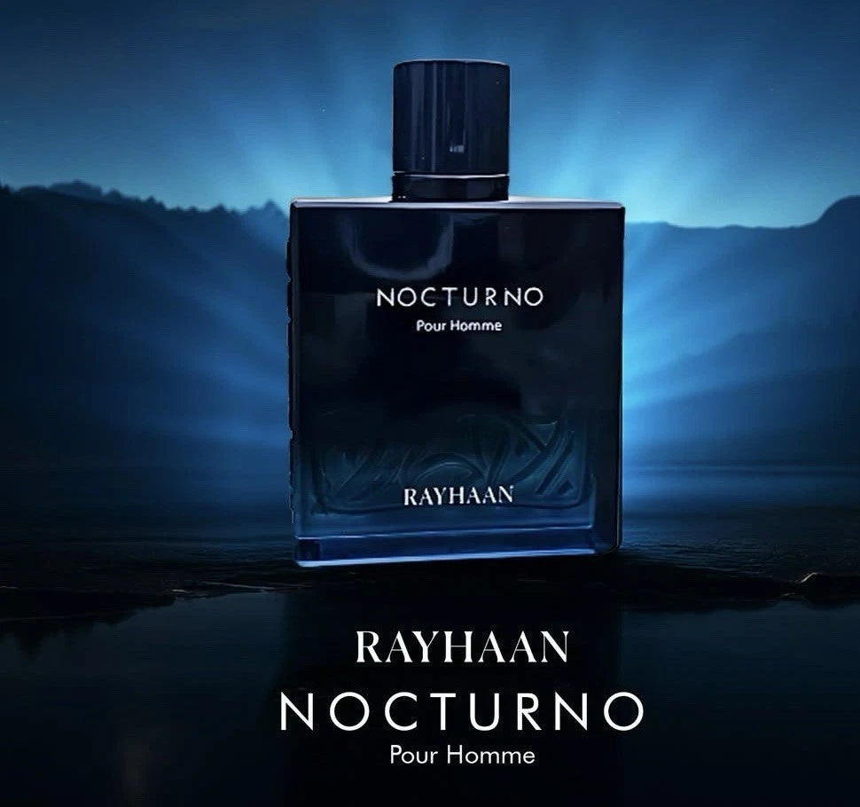 Rayhaan Nocturno Pour Homme Perfume bottle labeled 'Nocturno' by Rayhaan on a dark blue background