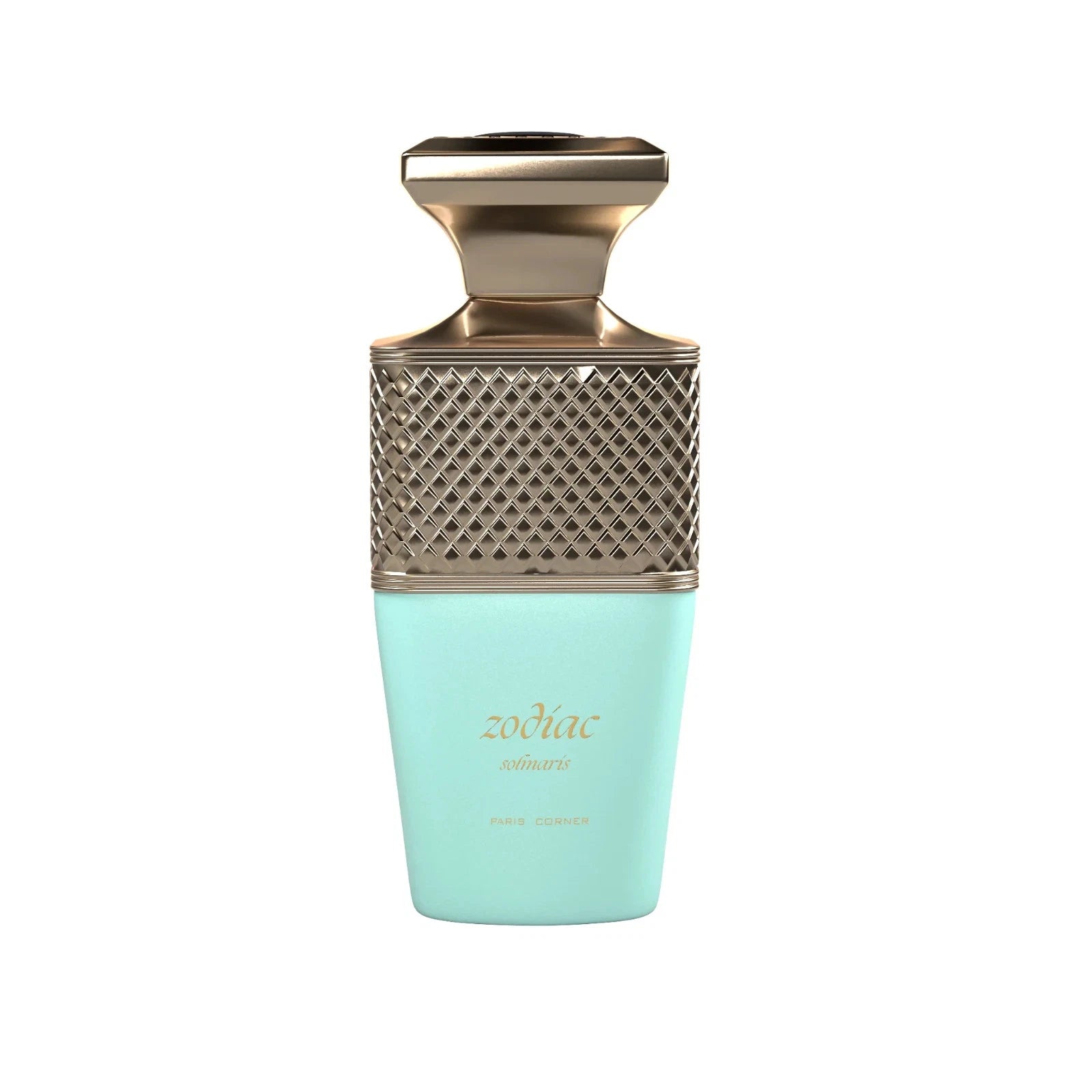 Paris Corner Zodiac Solmaris Perfume bottle with gold cap and turquoise body on a white background