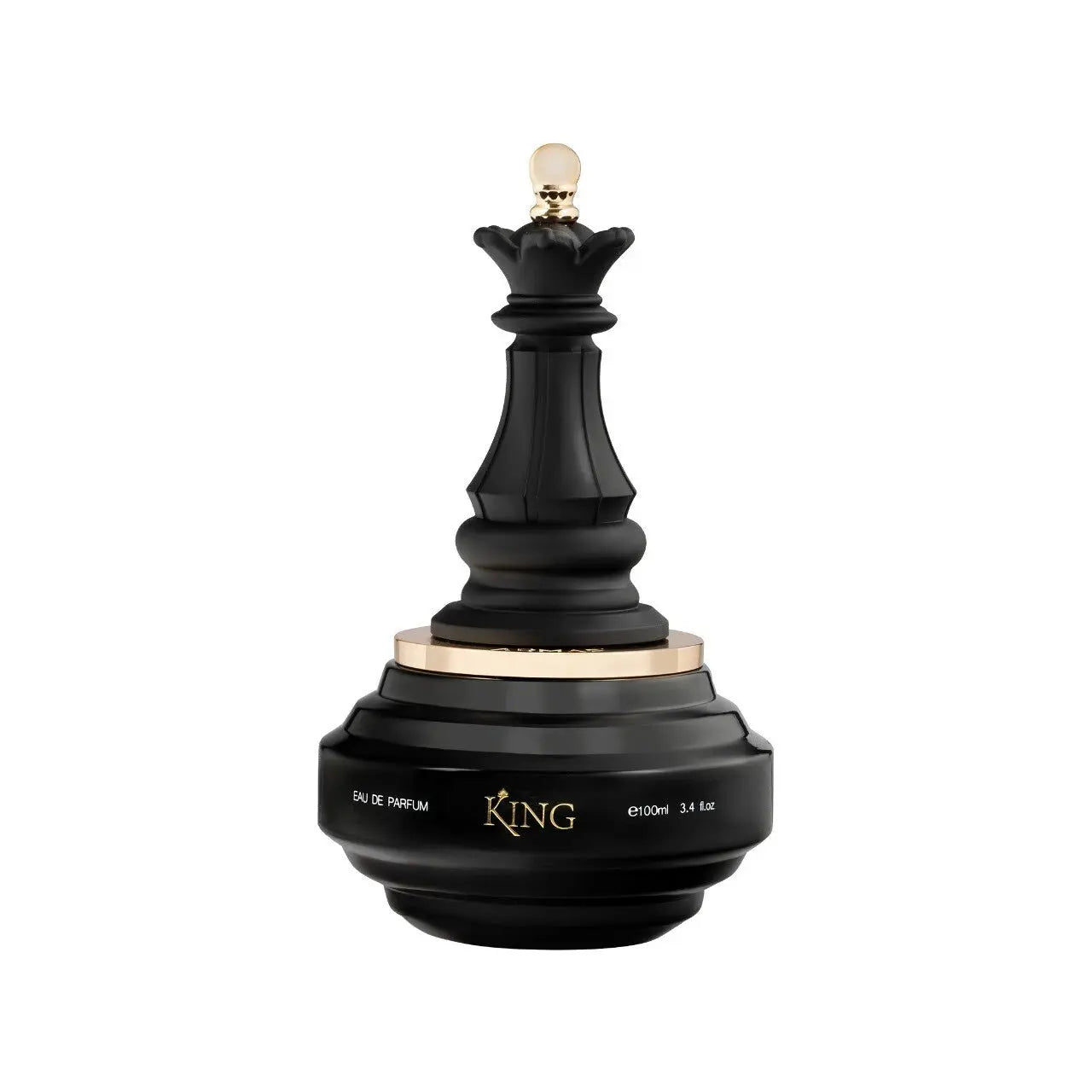 Black and gold perfume bottle shaped like a chess piece on a white background