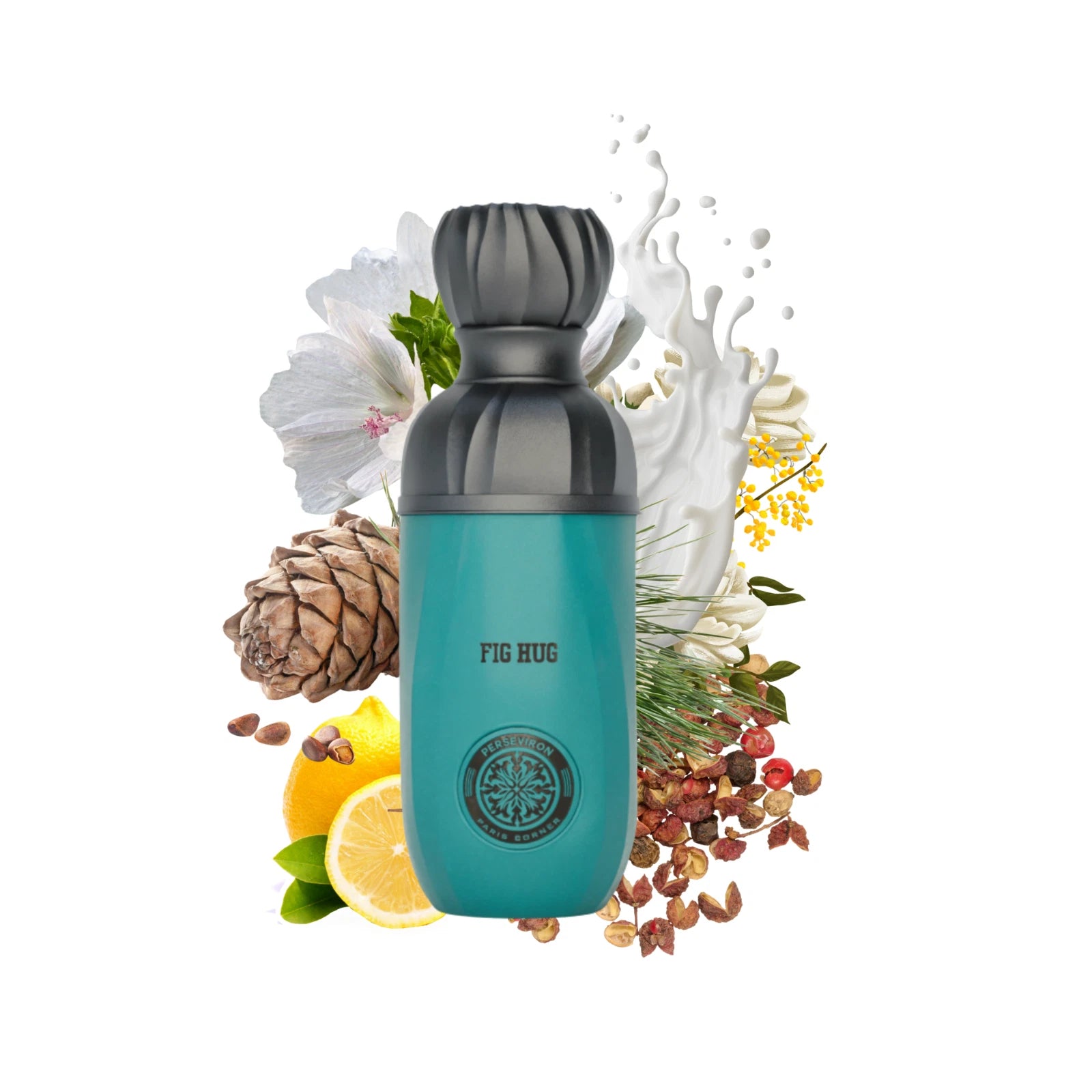 Perseviron Paris Corner Fig Hug Blue shaker with 'Fig Hug' branding surrounded by flowers, fruits, and herbs on a white background