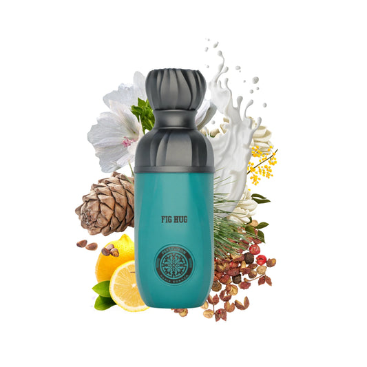 Perseviron Paris Corner Fig Hug Blue shaker with 'Fig Hug' branding surrounded by flowers, fruits, and herbs on a white background