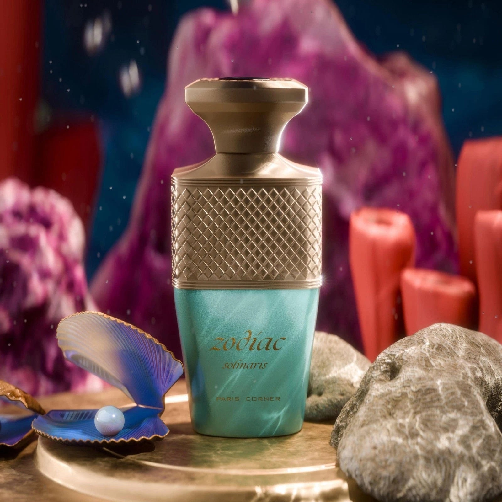 Perfume bottle with 'Paris Corner Zodiac Solmaris' text on a mystical background with rocks and shells.