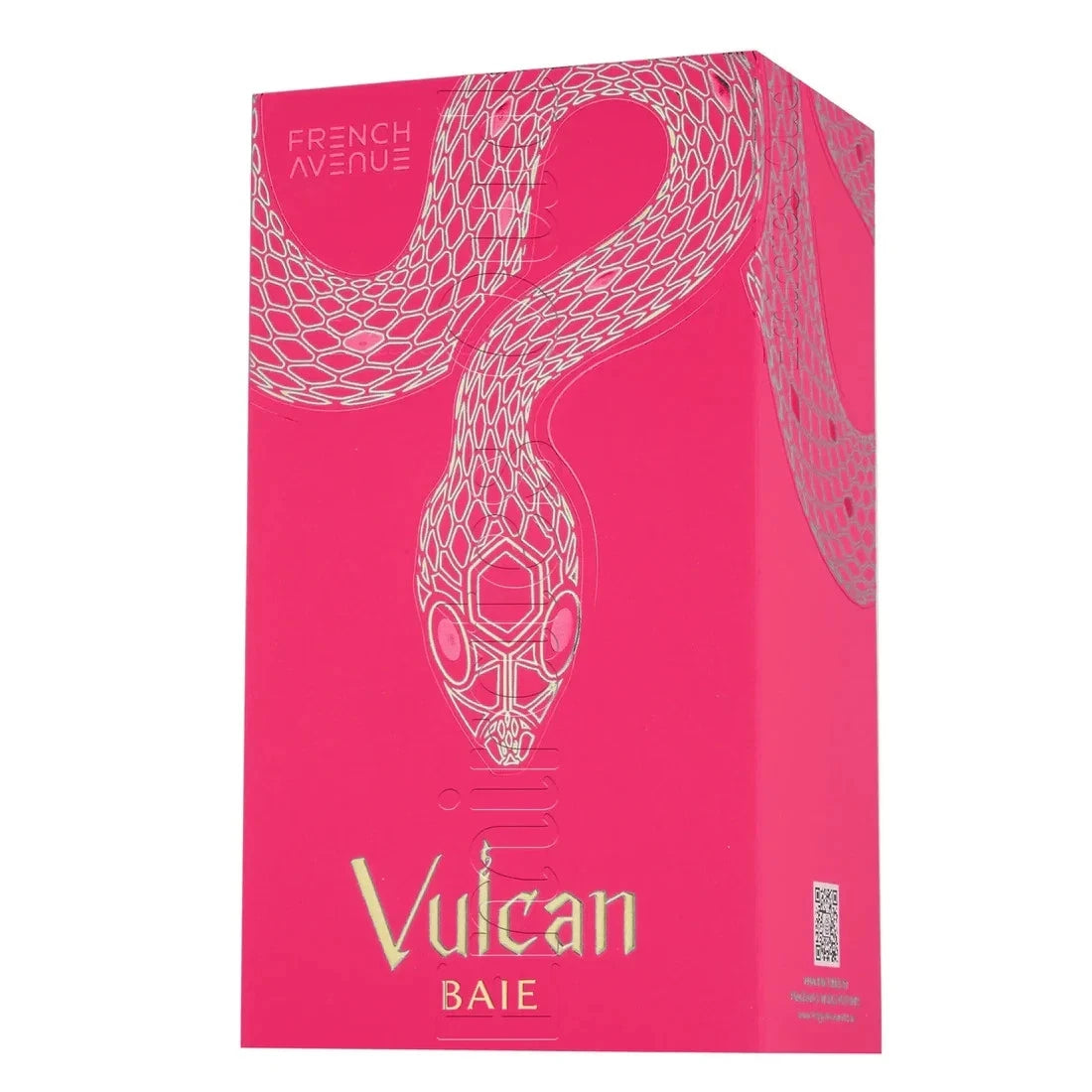 Vulcan Baie packaging with a pink background and white snake design