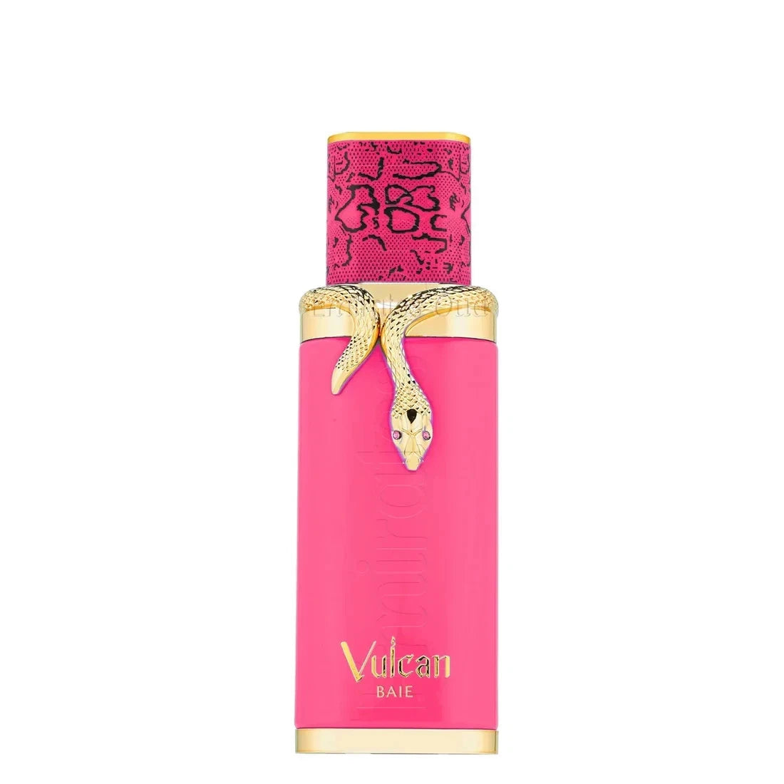 French Avenue Vulcan Baie Pink perfume bottle with gold accents and 'Vulcan' branding on a white background