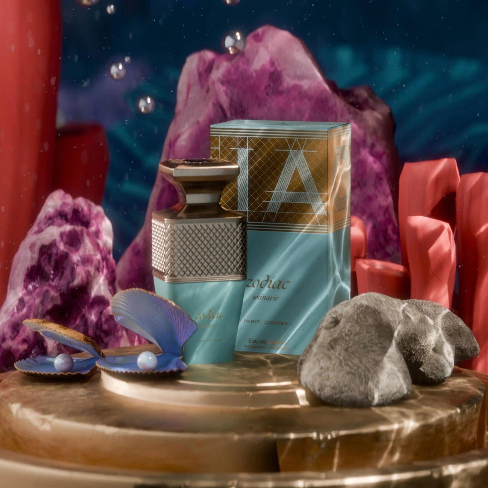 Paris Corner Zodiac Solmaris with decorative elements on a wooden surface against a colorful abstract background