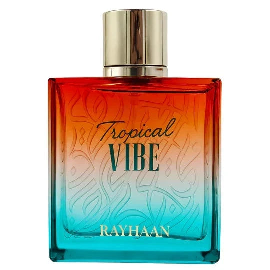 Rayhaan Tropical Vibe Perfume bottle labeled 'Tropical Vibe' by Rayhaan with a gradient design.
