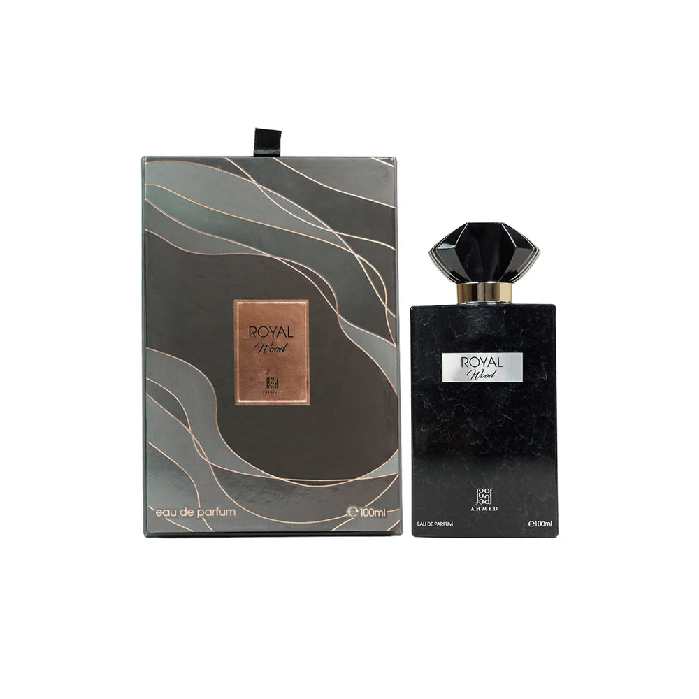 Ahmed Al Maghribi Royal Wood  Black perfume bottle and packaging with 'Royal Wood' branding on a white background