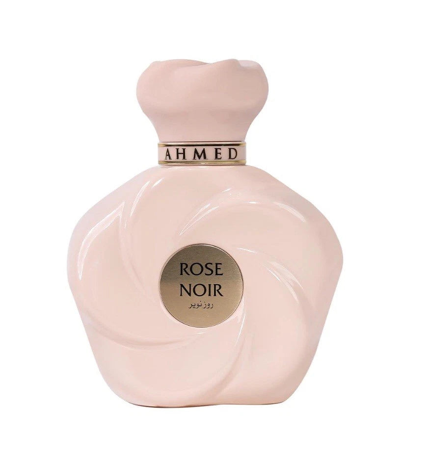 Ahmed Al Maghribi Rose Noir Perfume bottle labeled 'Rose Noir' by Ahmed on a white background