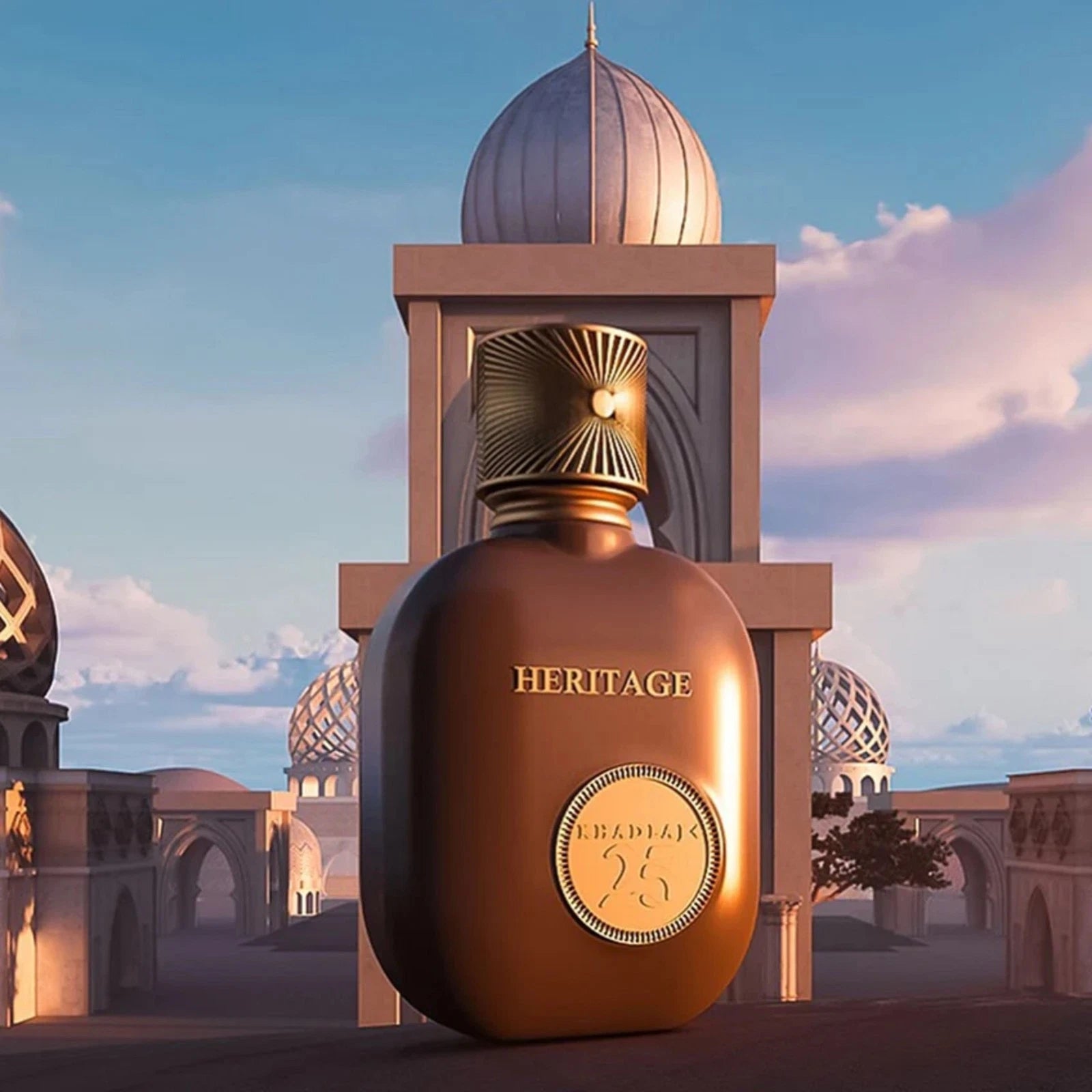 Heritage perfume bottle with architectural background