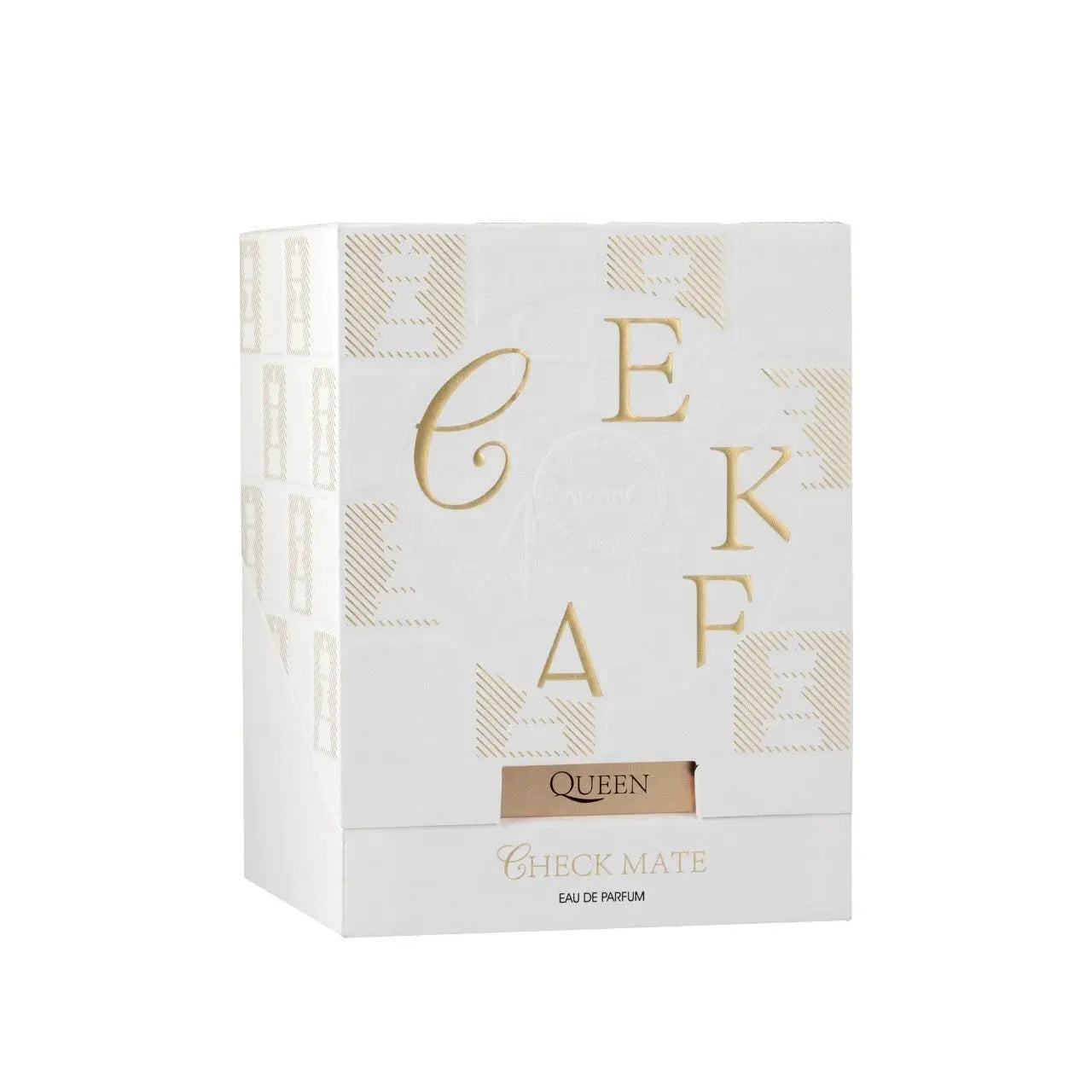 White perfume box with gold text on a white background