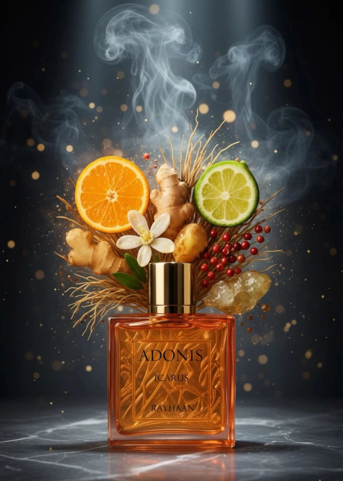 Rayhaan Adonis Icarus Perfume bottle labeled 'ADONIS' with fruits and flowers on a dark background