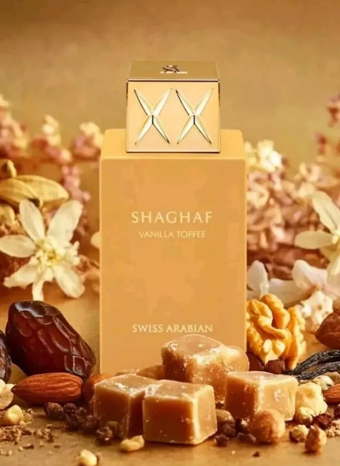 Shaghaf Vanilla Toffee perfume bottle with vanilla candies and dates on a brown background