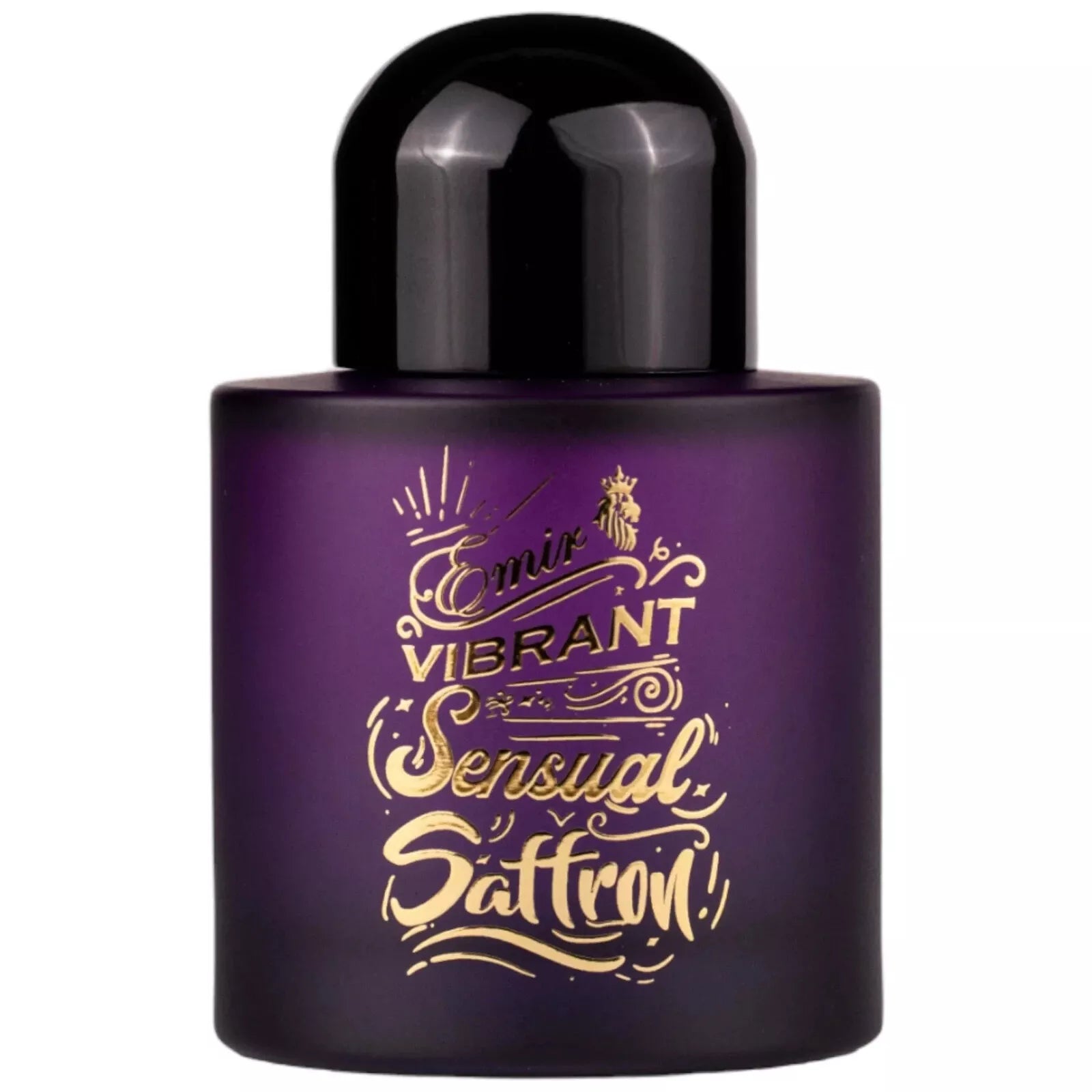 Purple perfume bottle with gold text on a white background