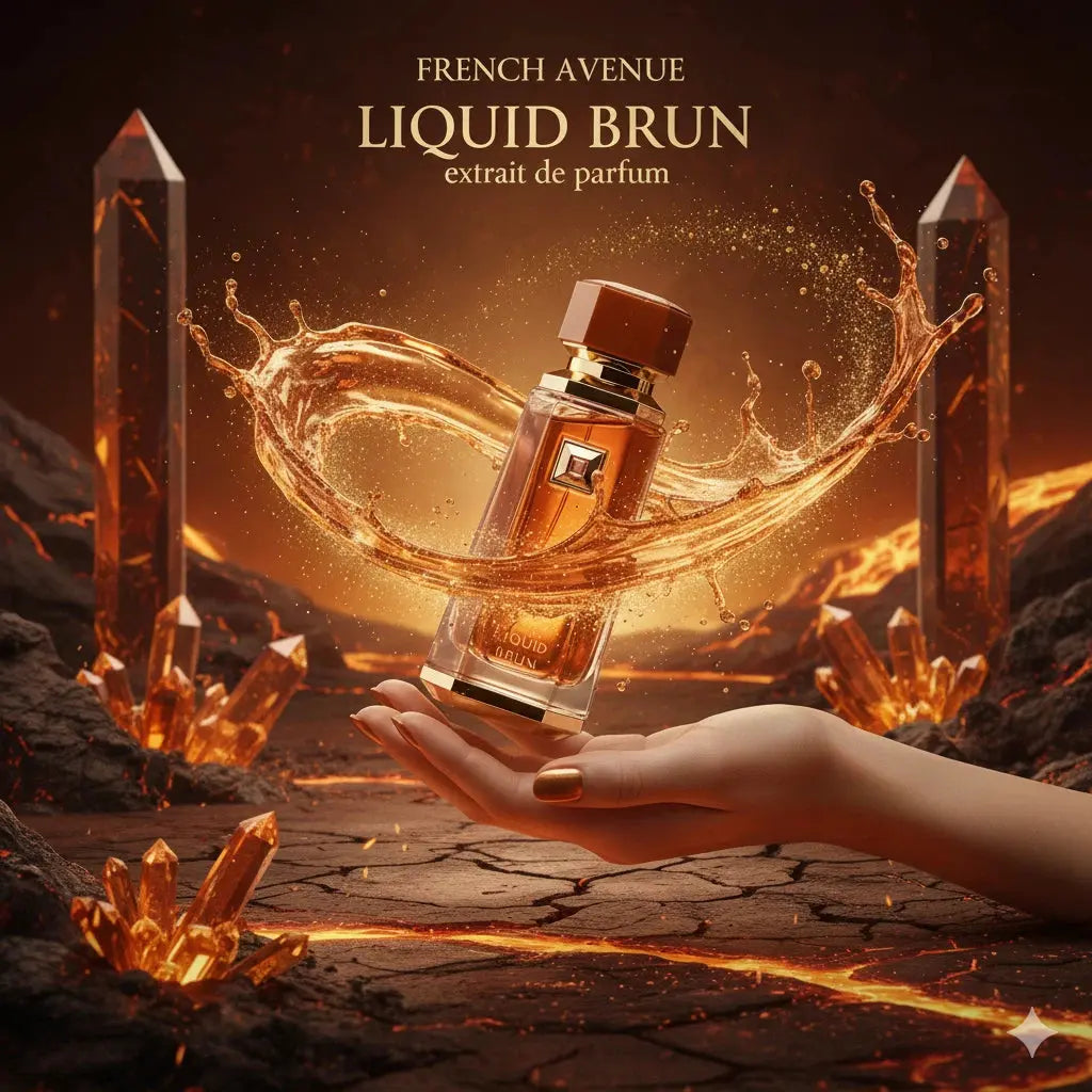 Perfume bottle labeled 'Liquid Brun' with a hand holding it, surrounded by crystals and glowing elements.