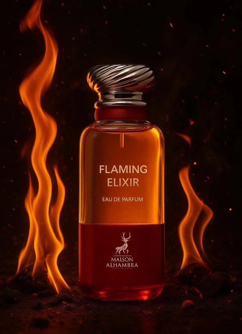 Bottle of 'Flaming Elixir' perfume with flames on a dark background