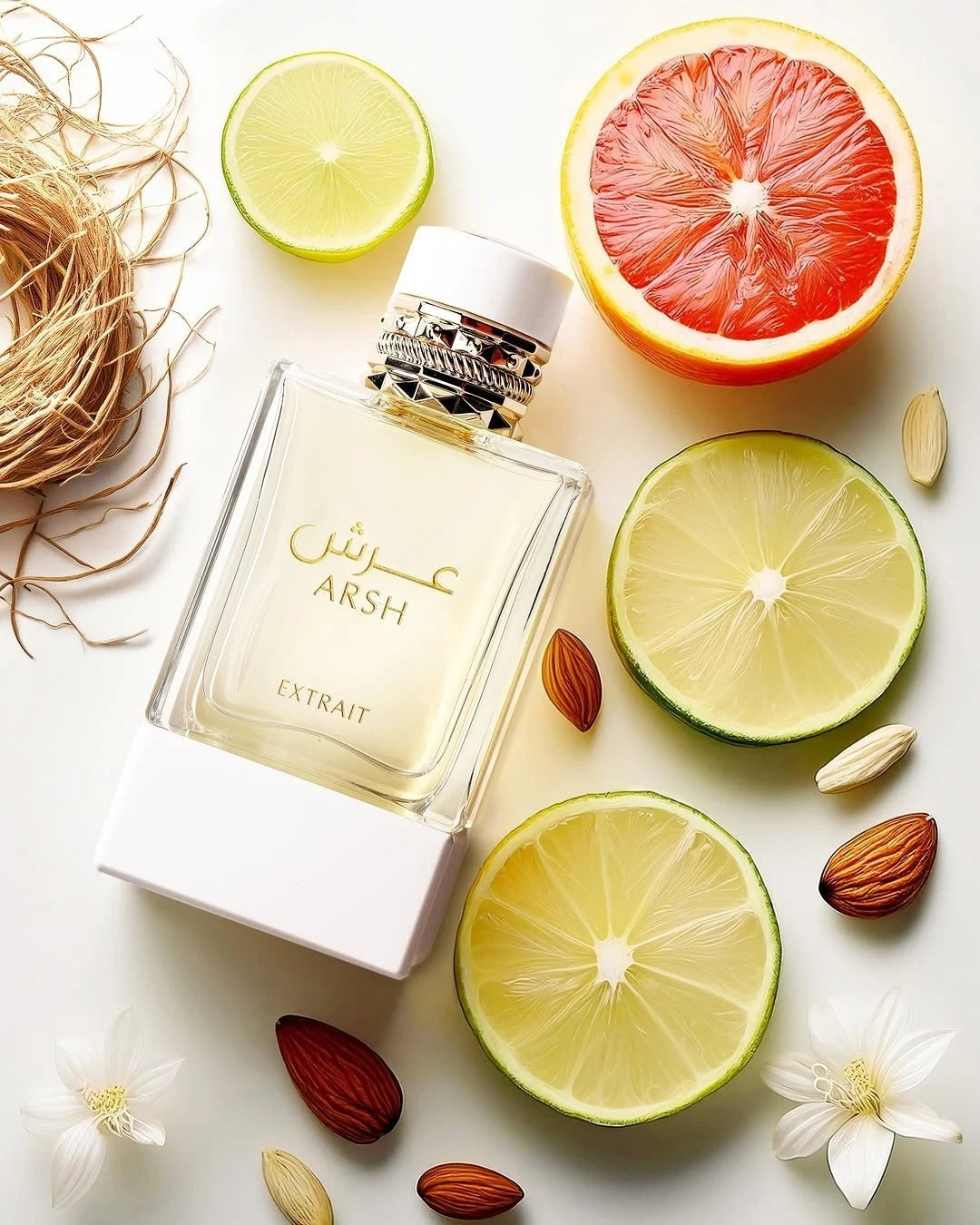 French Avenue Arsh perfume bottle with citrus fruits and nuts on a light background