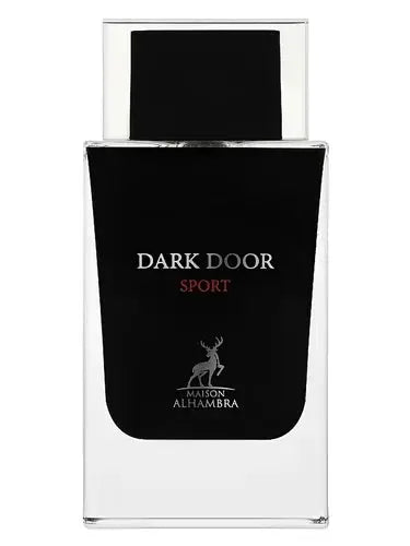 Perfume bottle labeled 'Dark Door Sport' by Maison Alhambra on a white background