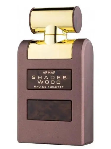 Armaf Shades Wood perfume bottle with gold cap on a white background