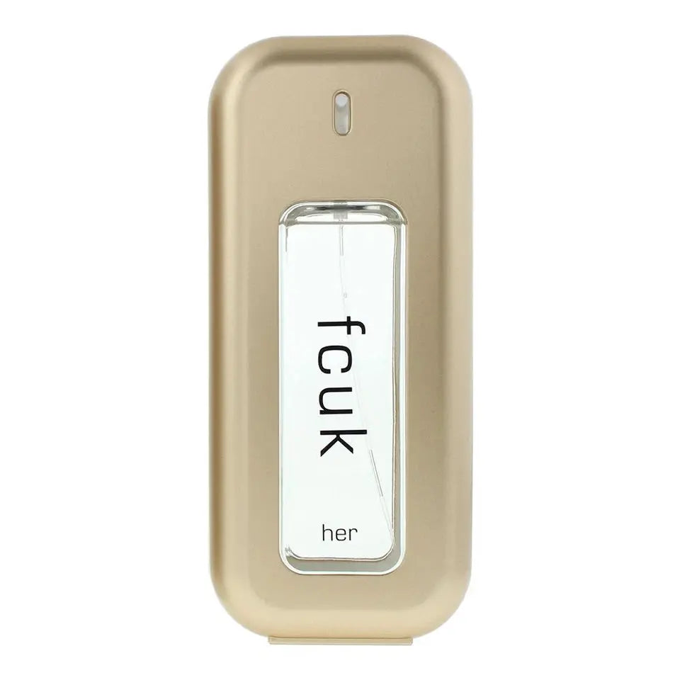 Gold perfume bottle labeled 'fcuk her' on a white background