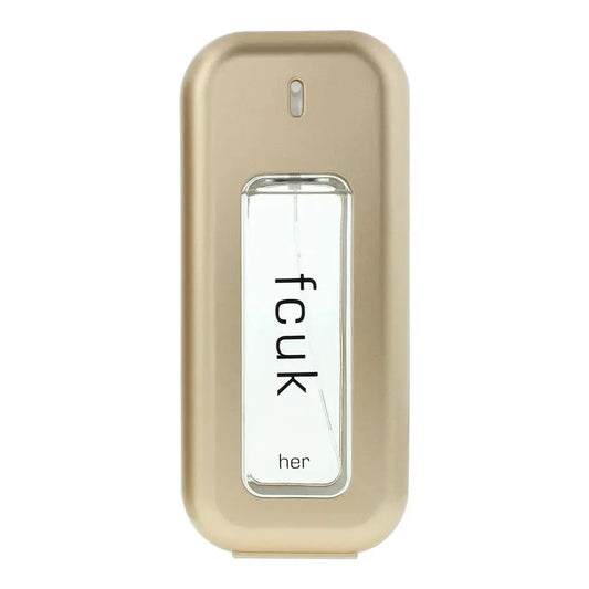 Gold perfume bottle labeled 'fcuk her' on a white background
