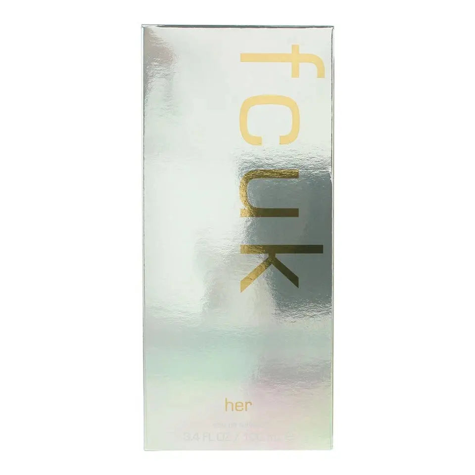Product packaging with 'fck her' text on a gradient background