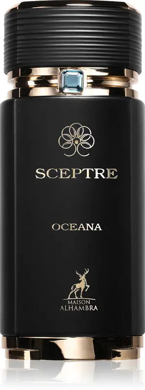 Black bottle of Sceptre Oceana perfume with gold accents on a white background