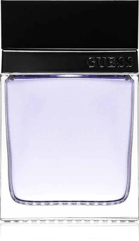 Black and clear Guess perfume bottle on a white background