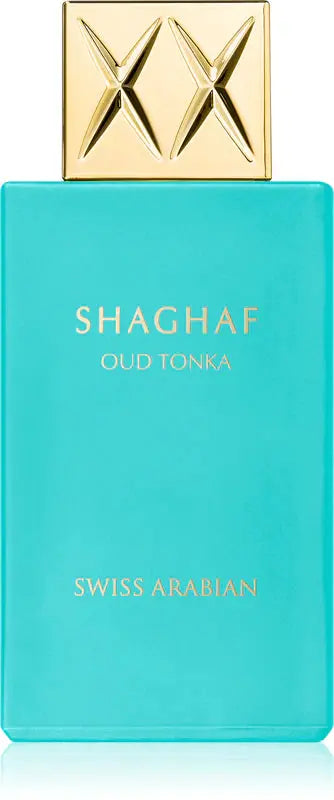 Shaghaf Oud Tonka perfume bottle by Swiss Arabian with gold cap on a white background