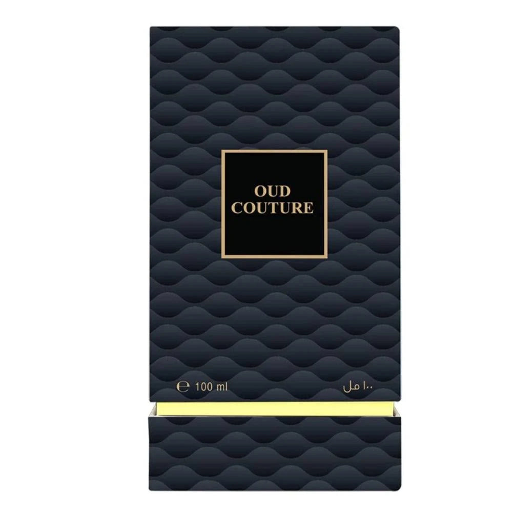 Black quilted perfume bottle with 'Oud Couture' branding on a white background