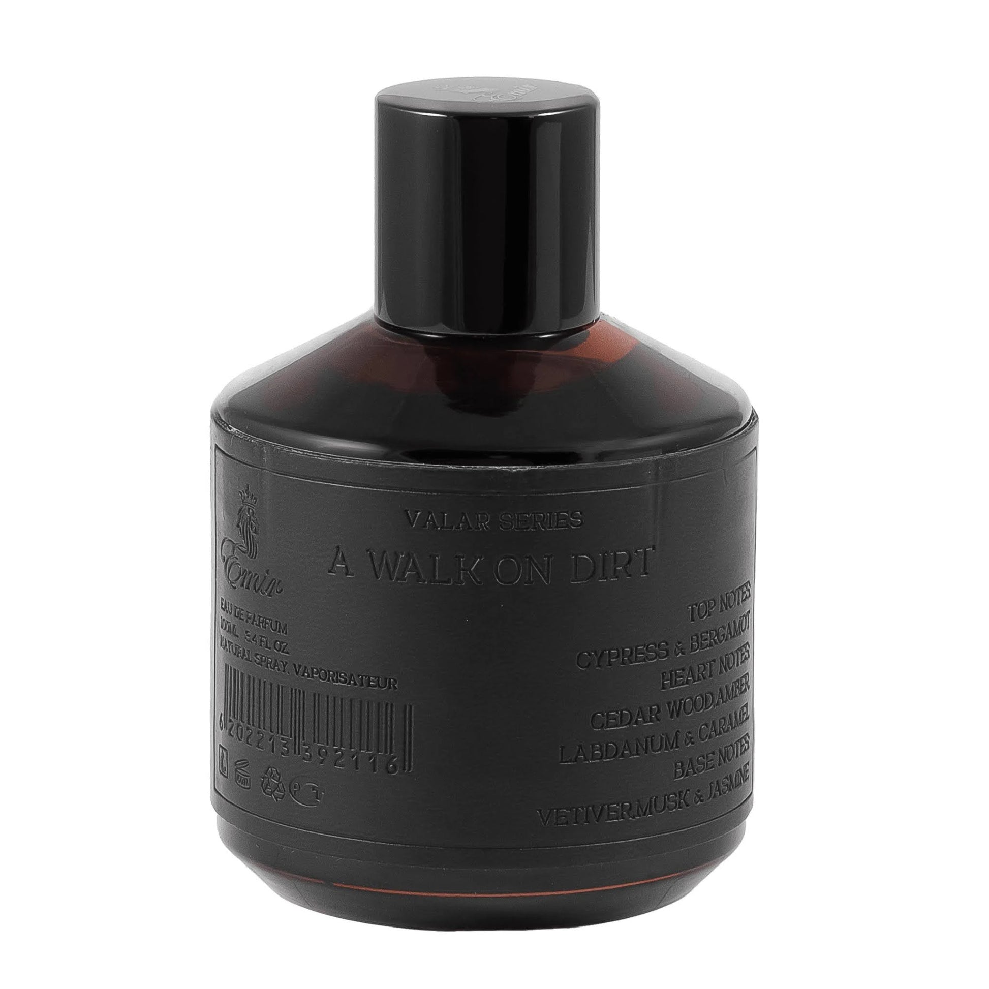 Black perfume bottle with detailed label on a white background