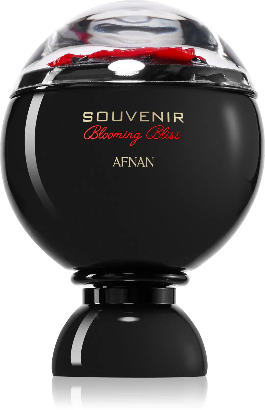 Black perfume bottle with red accents labeled 'Souvenir Blooming Bliss' by Afnan on a white background.