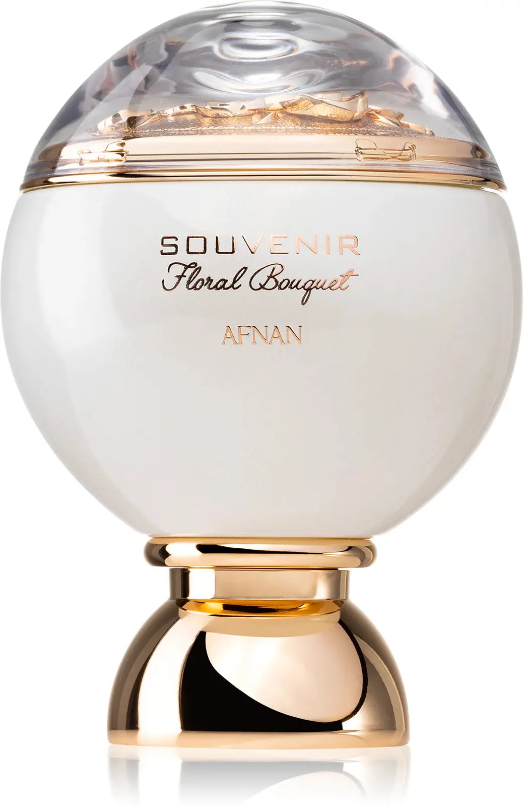 Perfume bottle with gold and white design on a white background