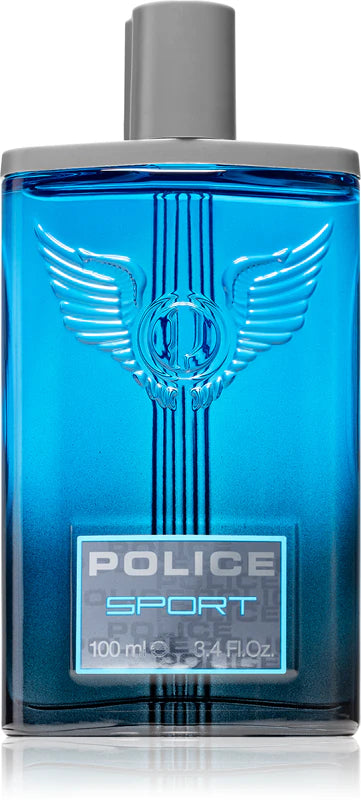 Blue perfume bottle with a gray cap on a white background