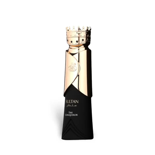 Perfume bottle with gold cap and black body on a white background