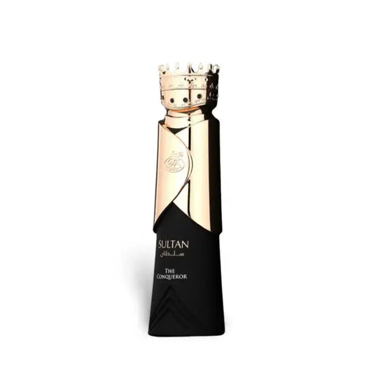 Perfume bottle with gold cap and black body on a white background