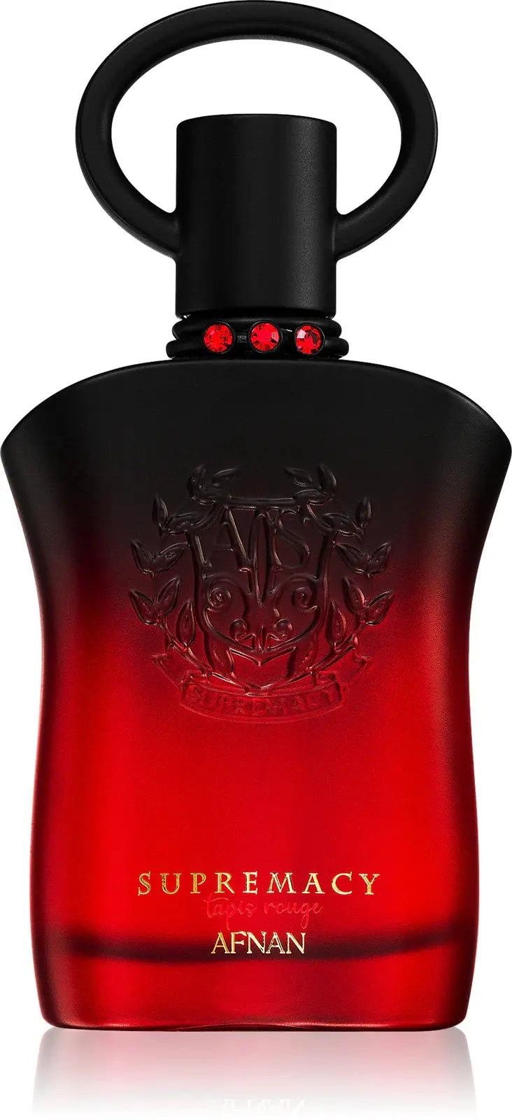 Red and black perfume bottle with 'Supremacy' and 'Afnan' text on a white background