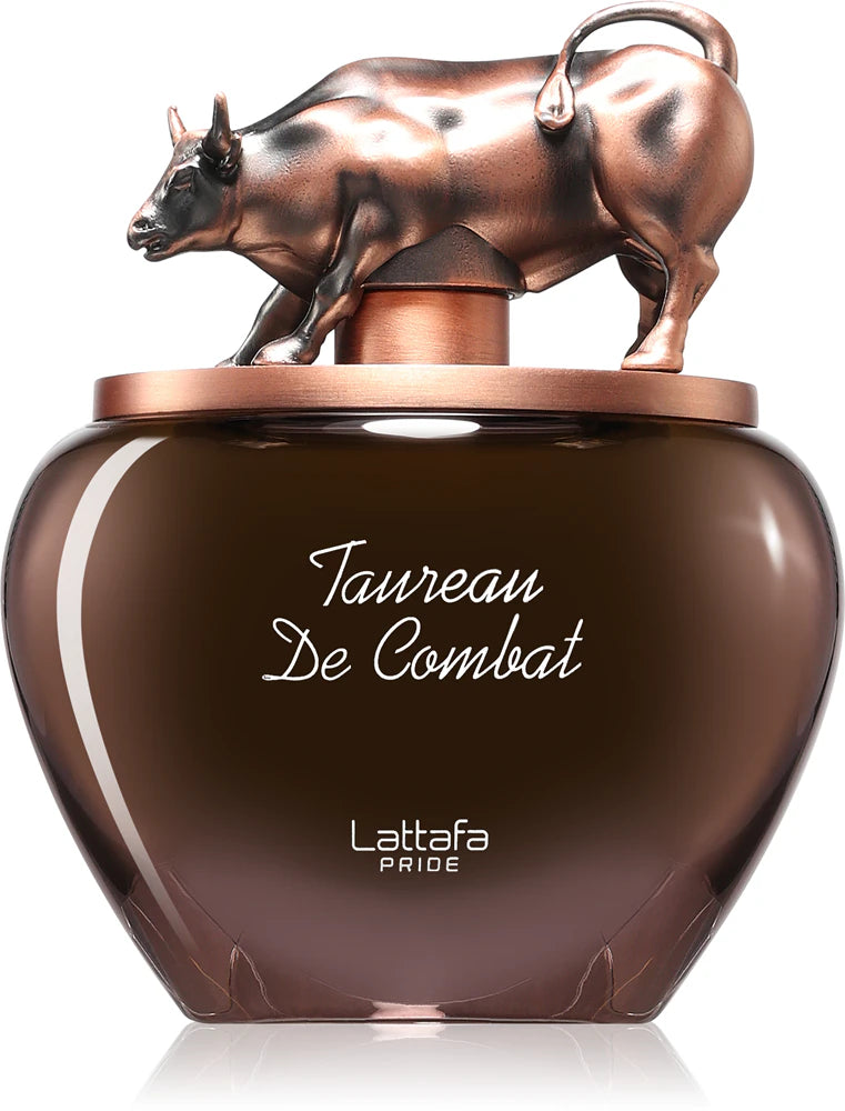 Lattafa Taureau De Combat Perfume bottle with bull figurine on top labeled 'Taureau De Combat' by Lattafa